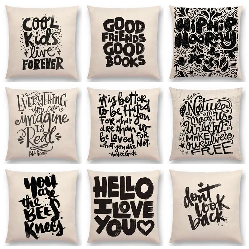 

Black White Pattern Decorative Letters Fun Words Meaningful Saying Love Sentences Flower Life Cushion Cover Sofa Pillow Case