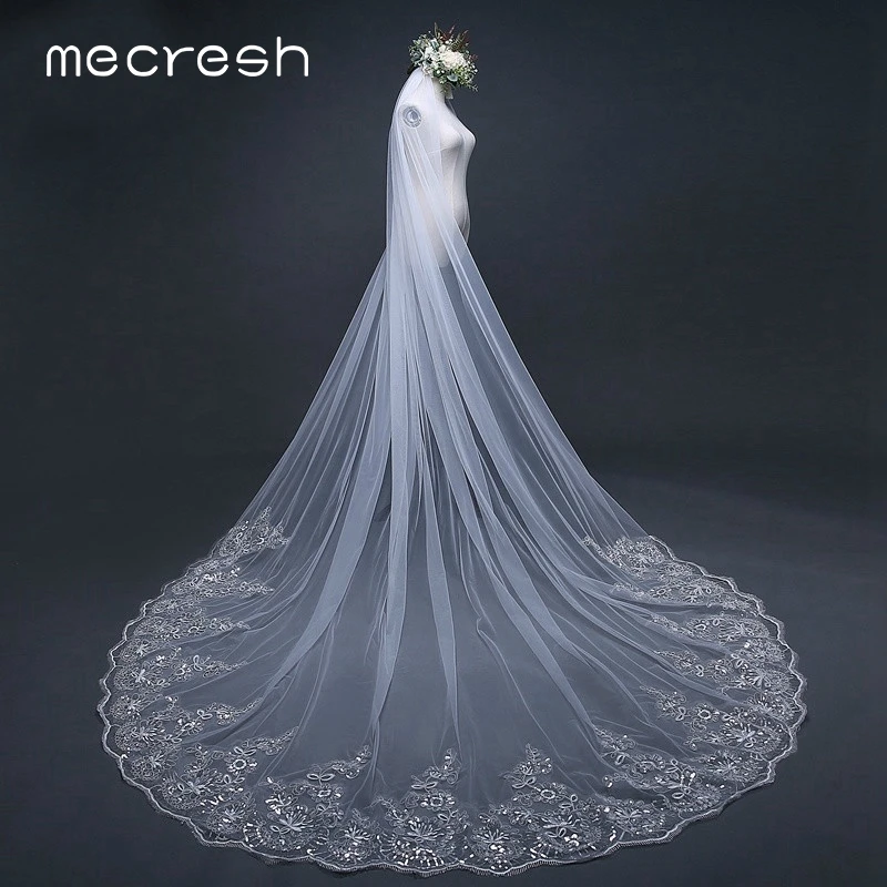 Mecresh 3M/4M Lace Bridal Wedding Veils Women Accessories One Layer White Ivory Long Tulle Mariage Chapel With Comb VTS003 | Свадьбы и
