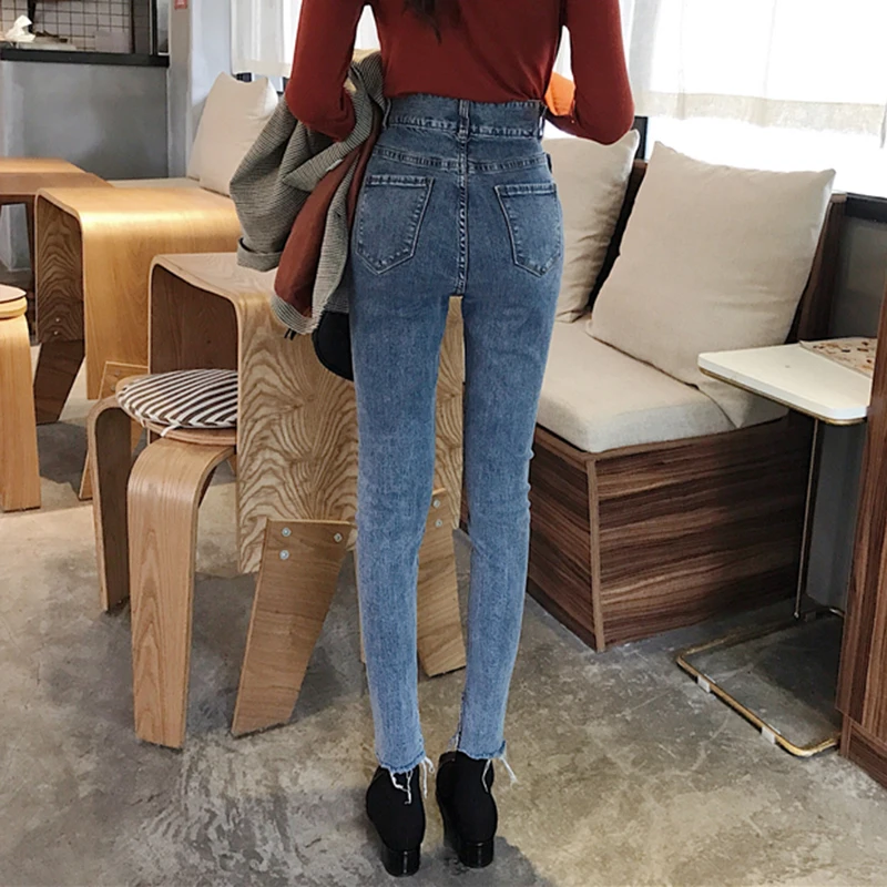 Женские узкие джинсы с высокой талией modis брюки в Корейском стиле рваные