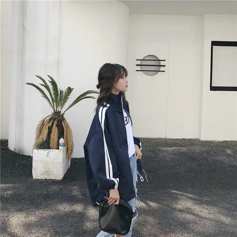 Женские куртки BF Harajuku, Женская куртка, Корейская версия, для студентов, свободные, для женщин, s, высокое качество, одежда в полоску, на молнии, с карманами, шикарная