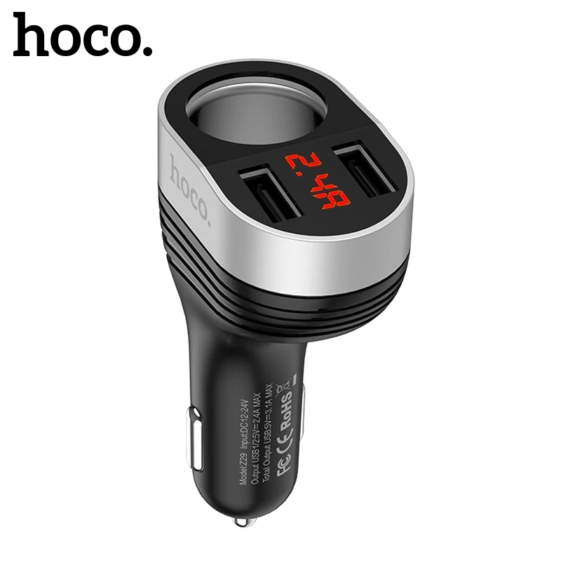 HOCO одна розетка автомобильное зарядное устройство 2 USB автомобильный прикуриватель для iPhone samsung Xiaomi напряжение тока дисплей Автомобильный делитель автомобильное зарядное устройство