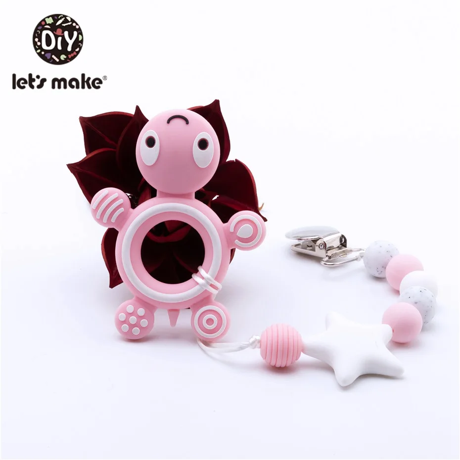 pink Let'S Make, 1 шт., черепаха, Силиконовый грызунок, мультфильм, сделай сам, соска, клипса, держатель, цепочка, пищевой силикон, Moose, детский Прорезыватель - Цвет: pink