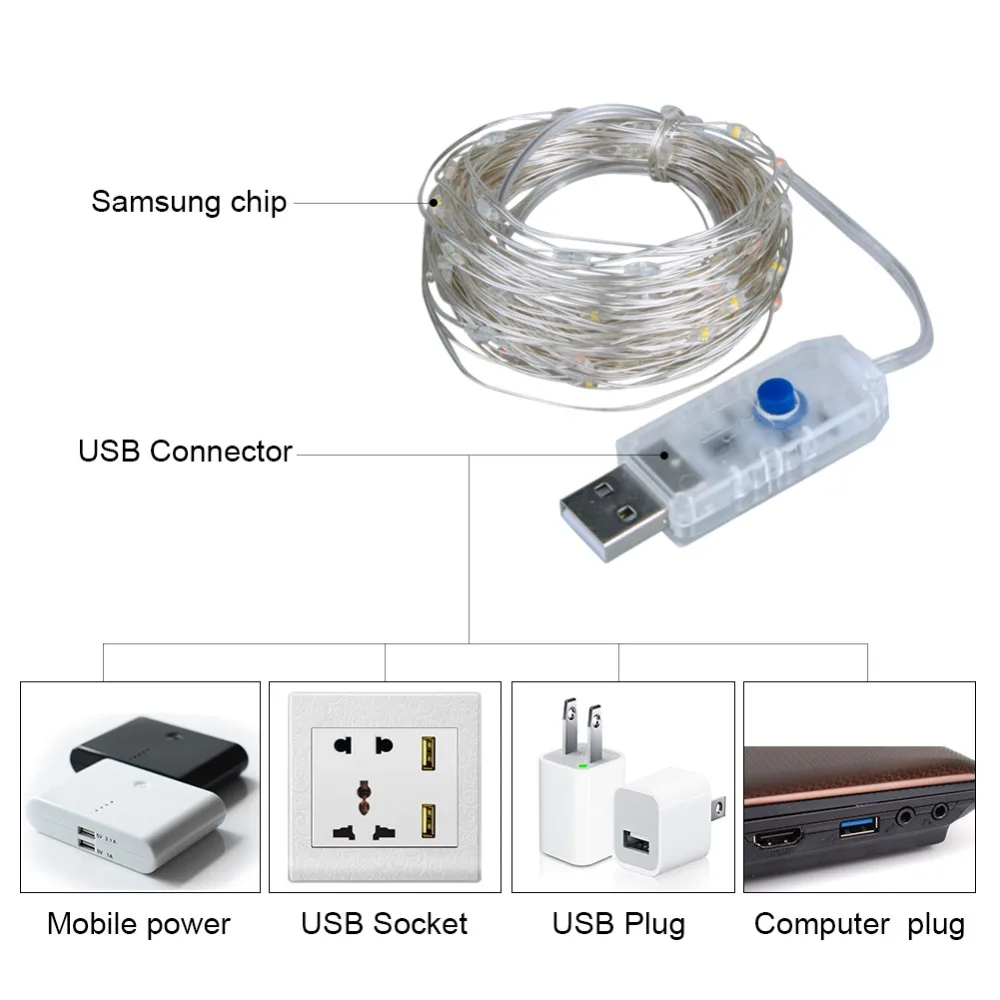 100 светодиодов с USB питанием серебряная проволочная цепочка уличные