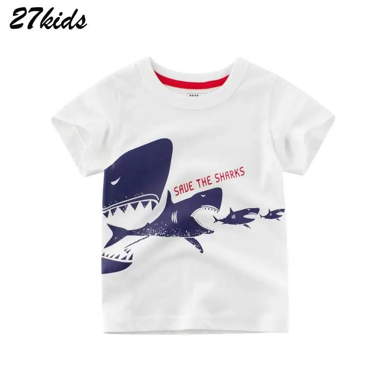 27kids The Sharks Big Mouth Boys Tops Tees T Shirts for Children Short Clothing Summer School Clothes Kids Cotton T-shirts | Детская