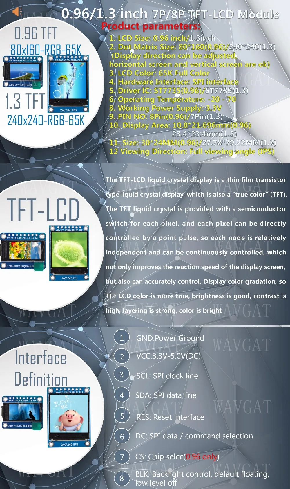 WAVGAT TFT дисплей 0,96/1,3 дюймов ips 7P SPI HD 65K полноцветный ЖК-модуль ST7735/ST7789 Привод IC 80*160 240*240(не OLED