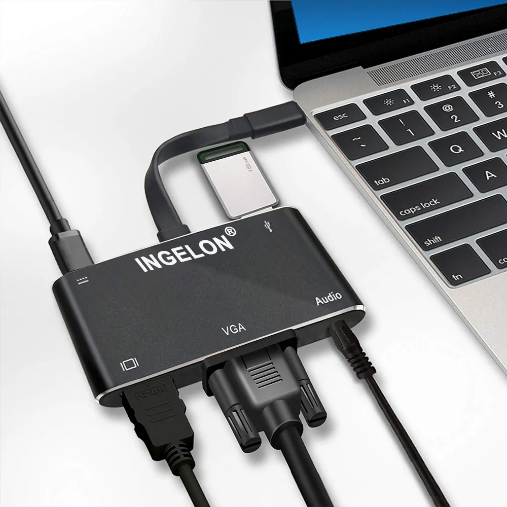 Адаптер Ingelon usb c adaptador tipo к PD + HD (4 K) VGA аудио USB3.0 5 в 1 конвертер для type C otg мобильного