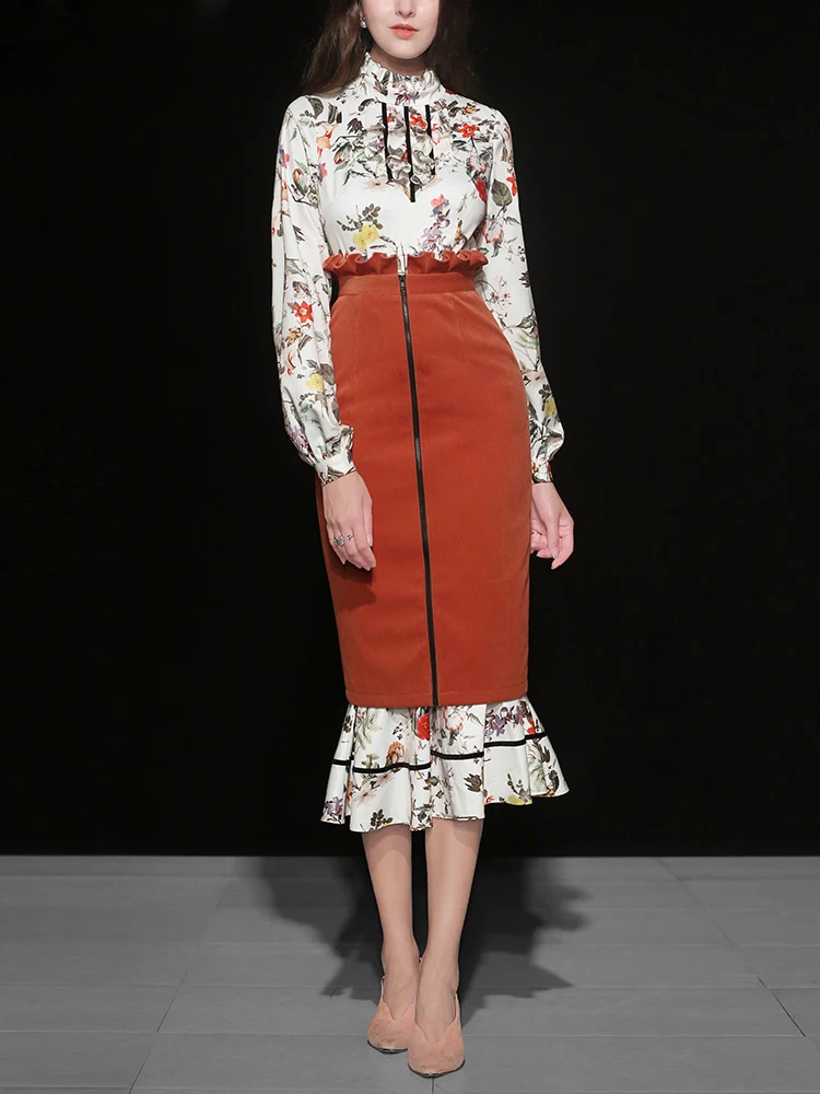 2018 дизайнерская Осенняя женская блузка с длинными рукавами фонариками и принтом