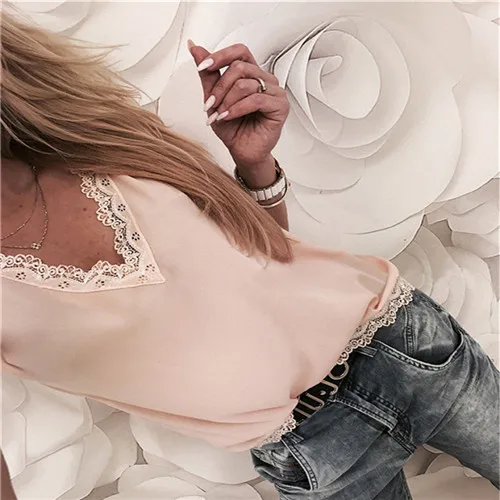 Light pink Новая женская Кружевная блуза с коротким рукавом женская летняя повседневная шифоновая Свободная рубашка с v-образным вырезом кружевные топы блузка большого размера - Цвет: Light pink
