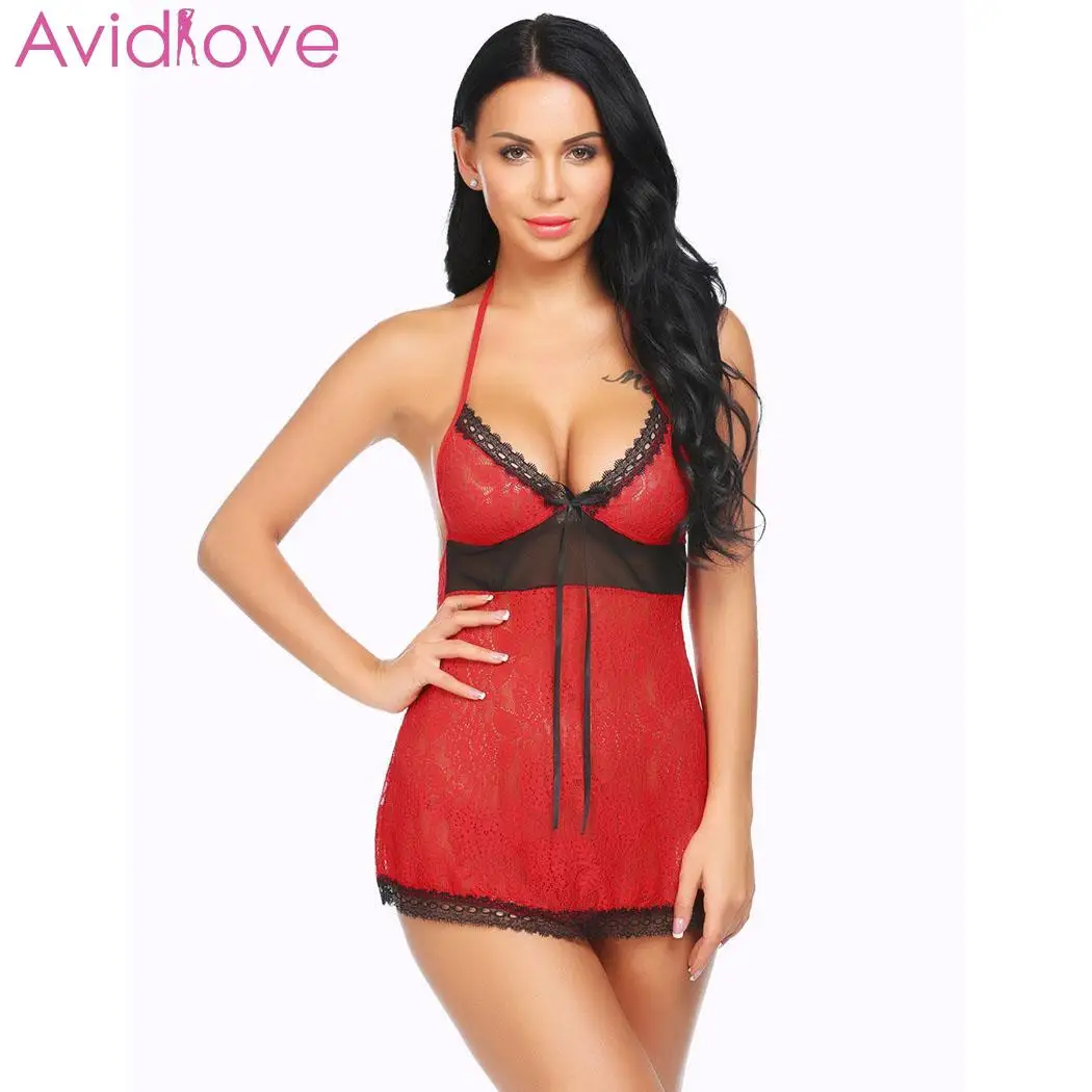 Red Avidlove Эротическое соблазнительное нижнее белье Холтер Сексуальная кружевная сетка, пэчворк, для женщин Ночная рубашка с открытой спиной Ночное платье женские пижамы - Цвет: Red