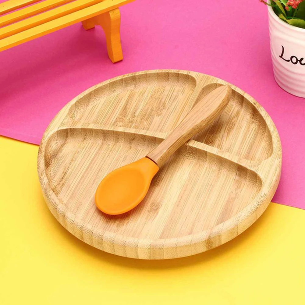 Orange Plate Spoon Набор посуды для кормления детей, нескользящая миска на присоске, Детская бамбуковая пищевая Съемная обучающая термоизоляционная ложка - Цвет: Orange Plate Spoon