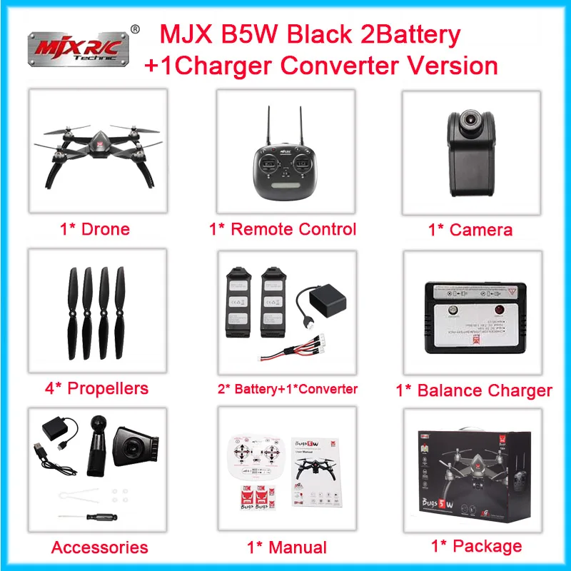 BLK-2B1Converter1LN MJX ошибки 5 Вт B5W Радиоуправляемый Дрон RTF 5 г Wi-Fi FPV 1080 P Камера с gps Follow Me режим радиоуправляемый квадрокоптер vs MJX ошибки 2 B2W вертолеты D30 - Цвет: BLK-2B1Converter1LN