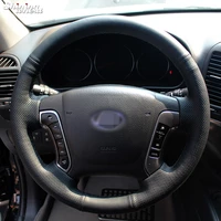 shining wheat hand stitched black leather steering wheel cover for hyundai santa fe 2006 2012