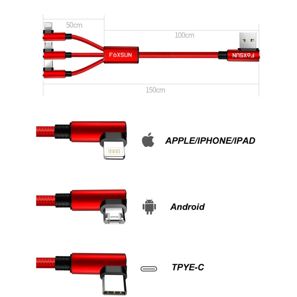 FOXSUN правый угол 3 в 1 USB зарядный кабель Type C/для Lightning/Micro Шнур для iPhone iPad Samsung Galaxy