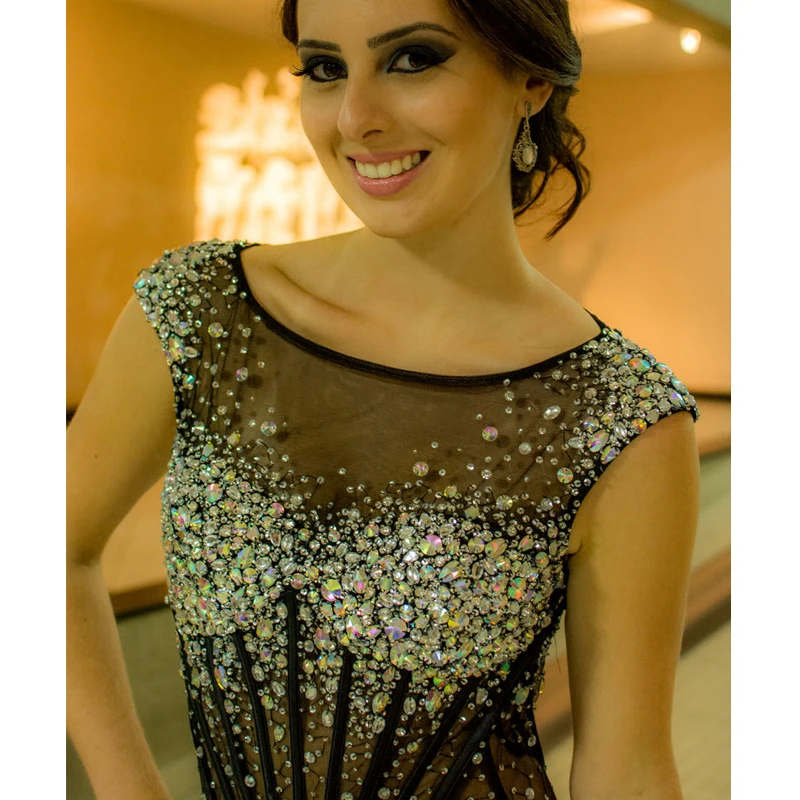 Сексуальные Спандекс Черное Вечернее Платье с Боковыми Разрезами 2017 Кристаллы