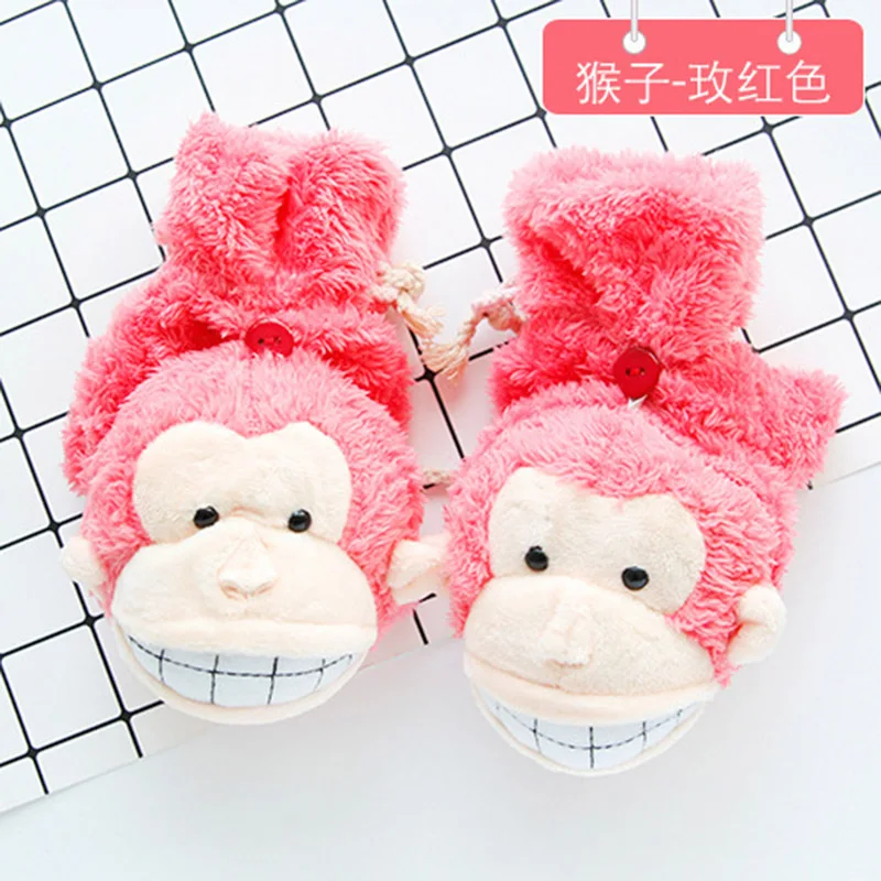 Monkey Rose Red Женские рукавицы с милым мультяшным Кроликом, обезьяной, коготь, раскладушка, без пальцев, зимние женские плюшевые толстые теплые перчатки на половину пальцев S53 - Цвет: Monkey Rose Red