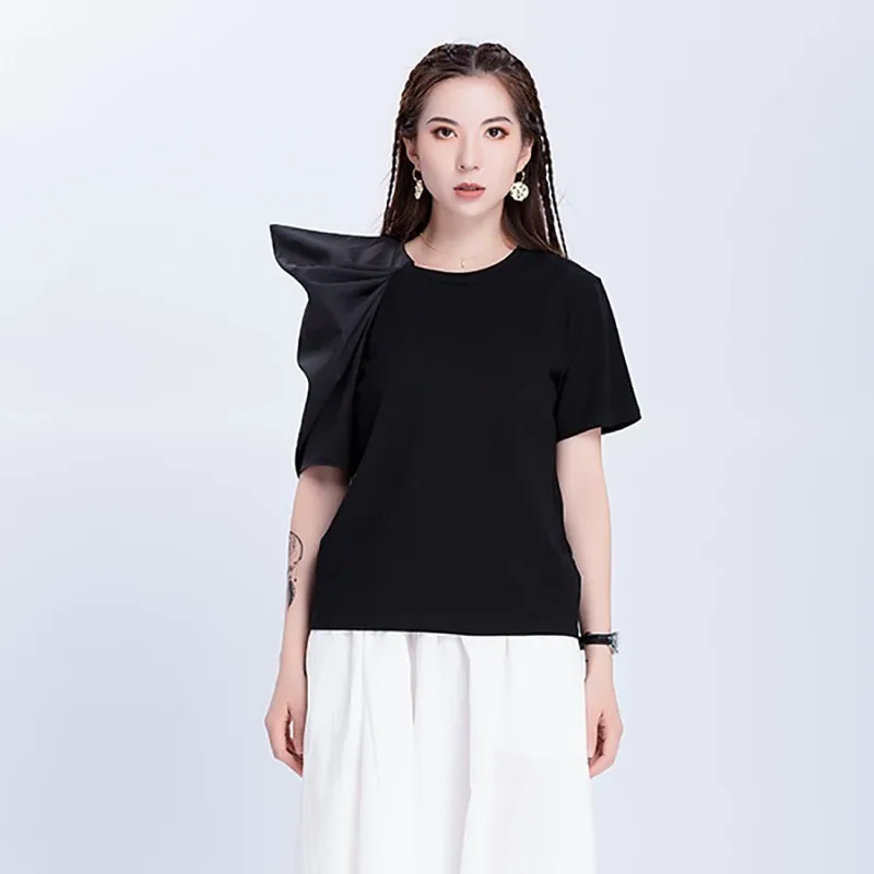 black TWOTWINSTYLE летняя однотонная Лоскутная Женская футболка с круглым вырезом и асимметричным рукавом, свободные топы, Женская корейская мода, новая одежда - Цвет: black