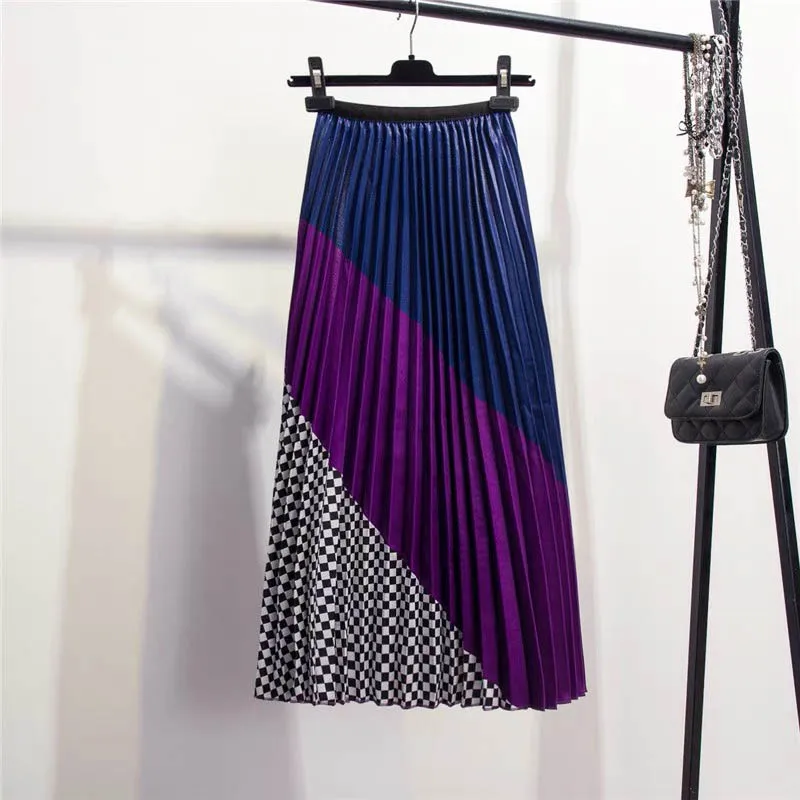RainbowPlaid-Purple Летние женские миди юбки Нижняя серия модная Женская Полосатая юбка с высокой талией трапециевидная плиссированная юбка для женщин - Цвет: RainbowPlaid-Purple