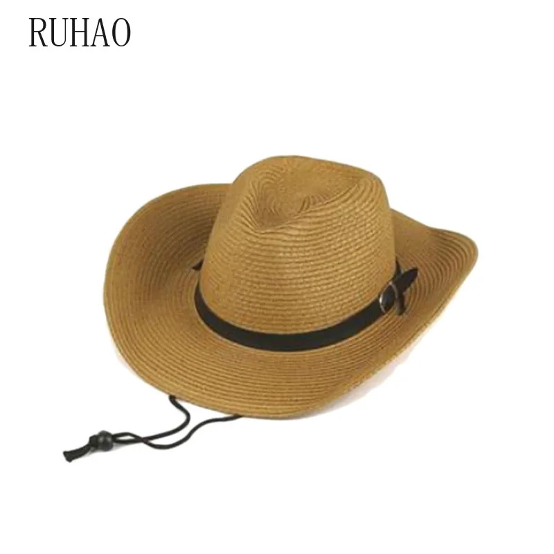 RUHAO мужские летние кепки Соломенная пляжная шляпа с широкими полями ковбойская
