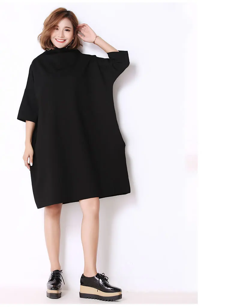 [XITAO] Korea New Autumn Casual Women Turtleneck Above Knee Dress Female Half Sleeve Solid Color Pullover Dress GWY2464