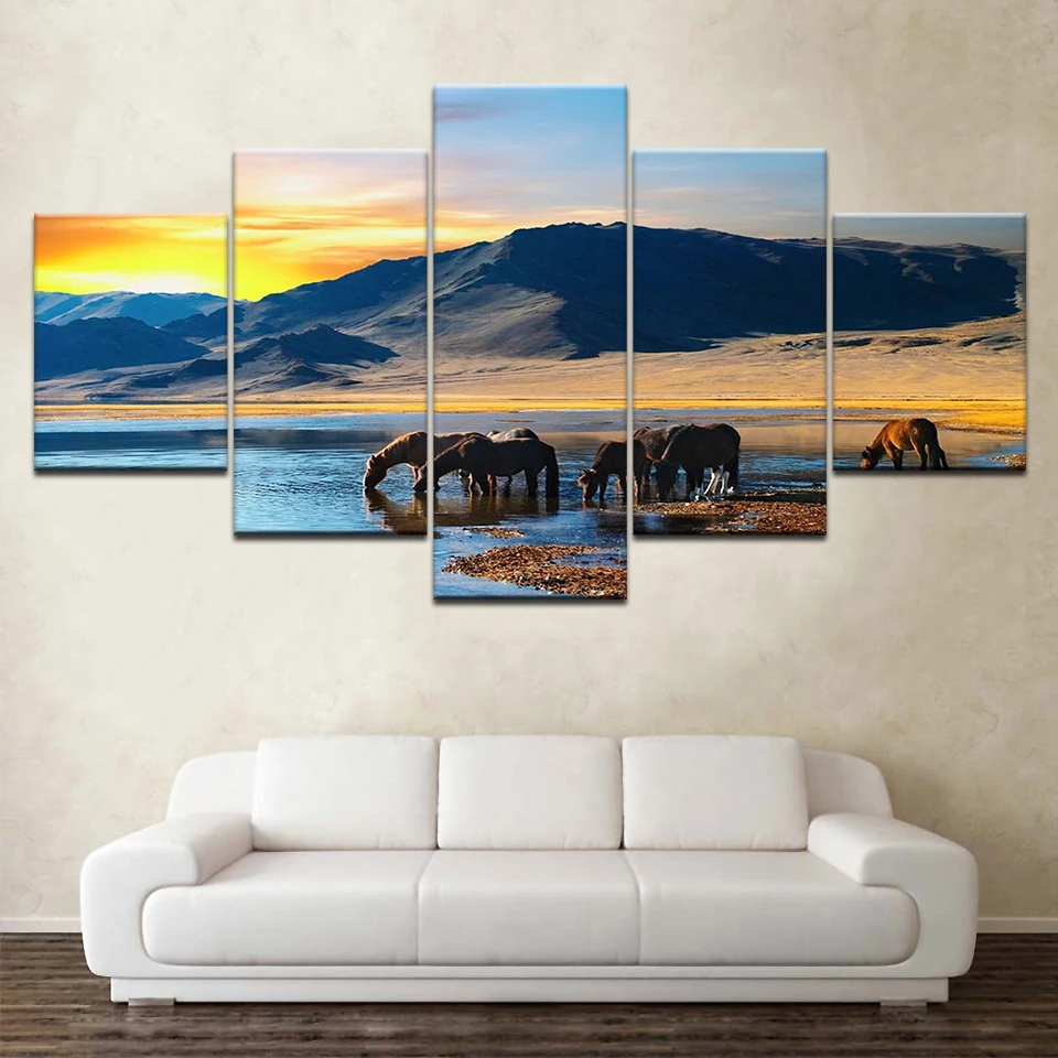 5 шт./компл. лошадь пить воду фотографии Wall Art Картины изображение Печать на холсте