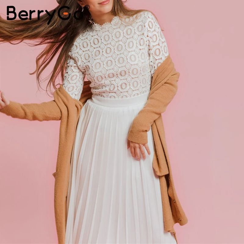 BerryGo Просто элегантно кружевное платье для женщин вышивка плиссированные с