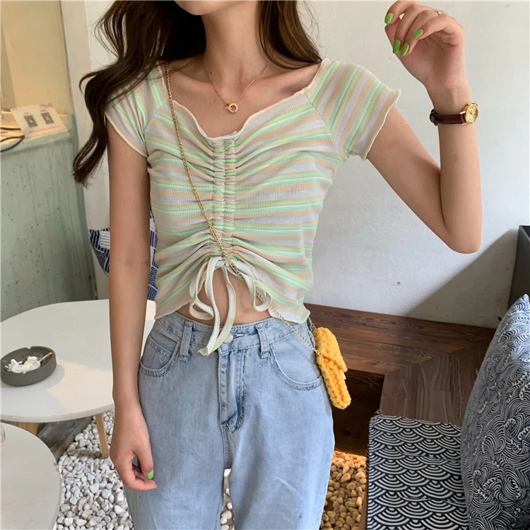 Кроп топ женский в радужную полоску милая футболка с v образным вырезом бантом и