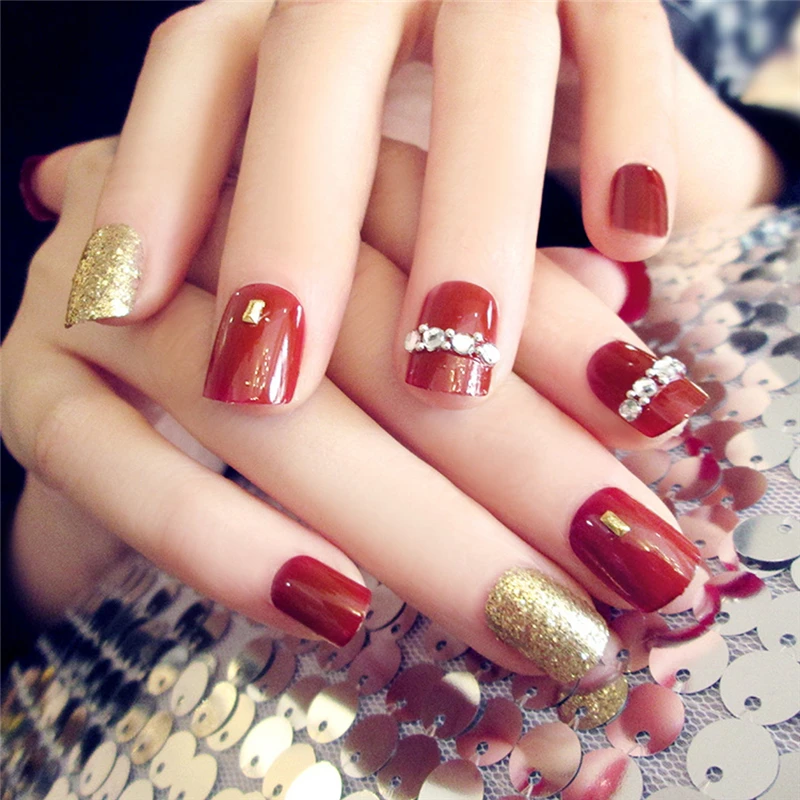 24 Pcs Acrylic Fake Fingernails Full Cover False Dark Red Nail Art DIY Display | Красота и здоровье