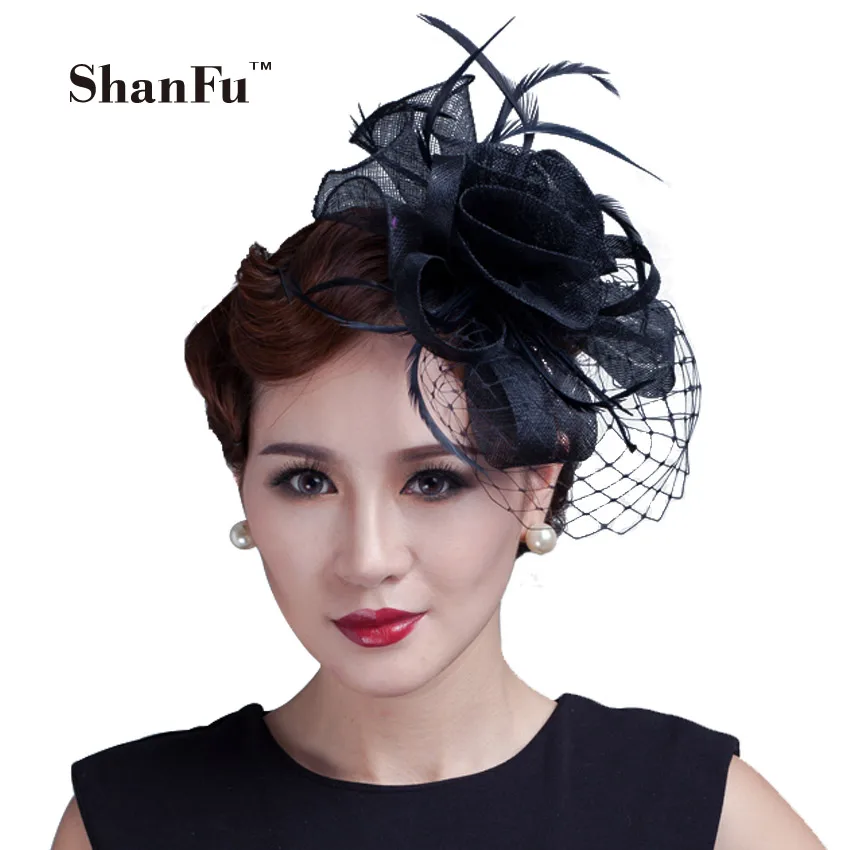 

ShanFu Women Flower Fancy Feather Fascinators Handmade Sinamay Fascinator with Veil Women Hair Accessories Black Red C12171