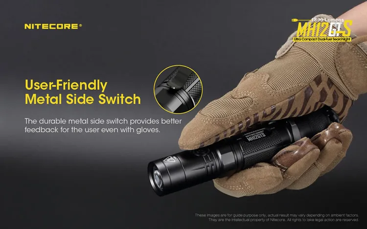 Распродажа NITECORE MH12GTS 1800 LMs USB Перезаряжаемый тактический светодиодный фонарь уличный поисковый фонарь без аккумулятора 18650