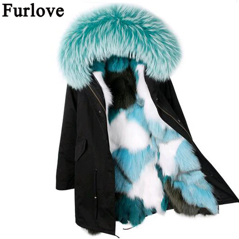 2017 Зимняя куртка пальто женщин парка большой натуральным мехом енота с капюшоном