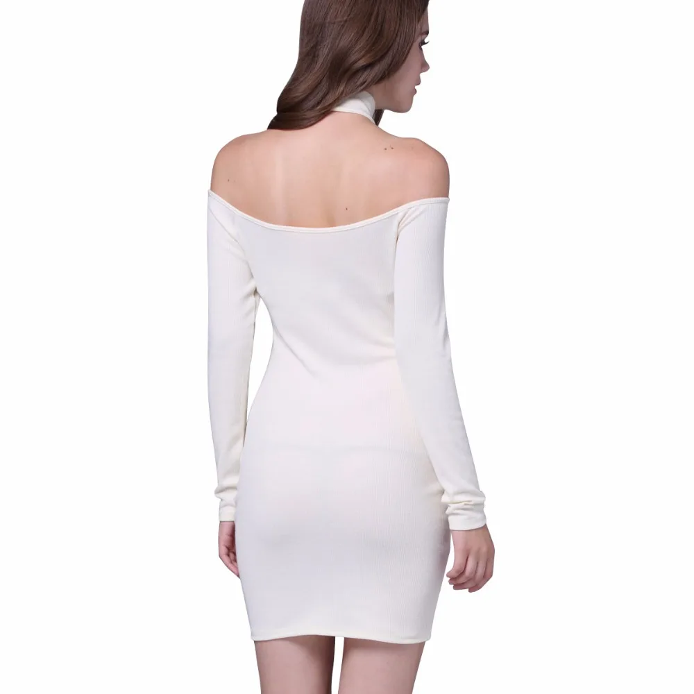 Lissly 2017 Sexy Холтер Мини Карандаш Dress Женщины Твердые Длинные Рукава Bodycon С Плеча Office