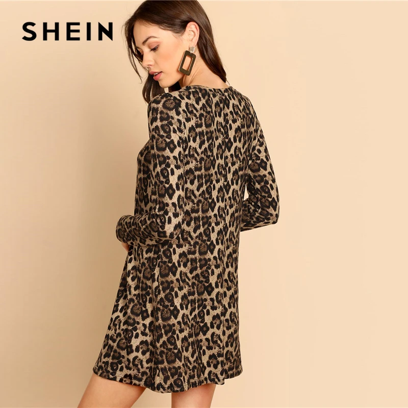 SHEIN Повседневное Платье С Леопардовым Принтом, Платье С Длинным Рукавом И Круглым Вырезом
