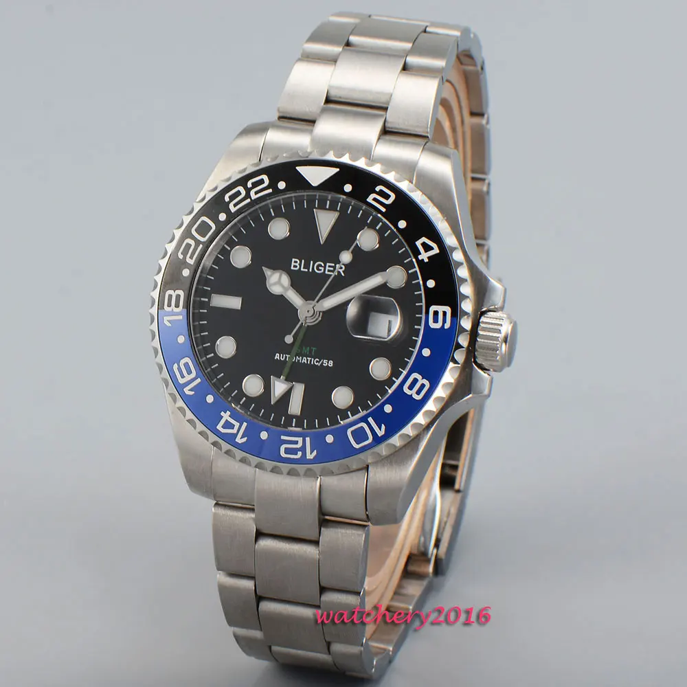 Мужские автоматические механические часы Bliger GMT черный циферблат 43 мм с