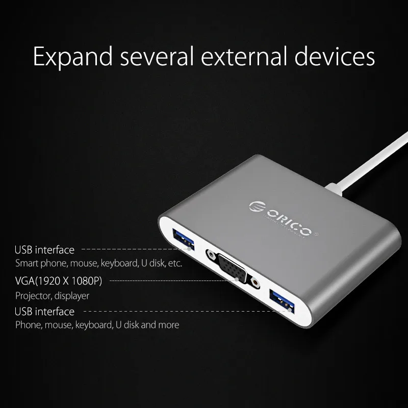 Алюминиевый хаб ORICO RCV3A с type-C в VGA/type-C/type-A конвертер USB3.1 Gen1 5 Гбит/с 3 портами USB3.0 для