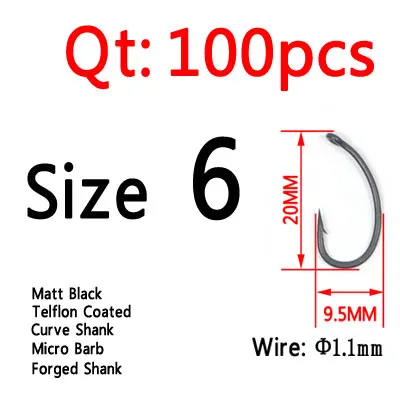 Size 6 100pcs ICERIO 100 шт. матовый черный с тефлоновым покрытием иглы острые кривые карп рыболовные крючки Gnippen всплывающие крючок для ловли карпа - Цвет: Size 6 100pcs