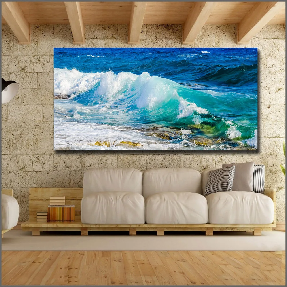 Большой размер Печать оттенки синей волны разбрызгивающая пена Настенная