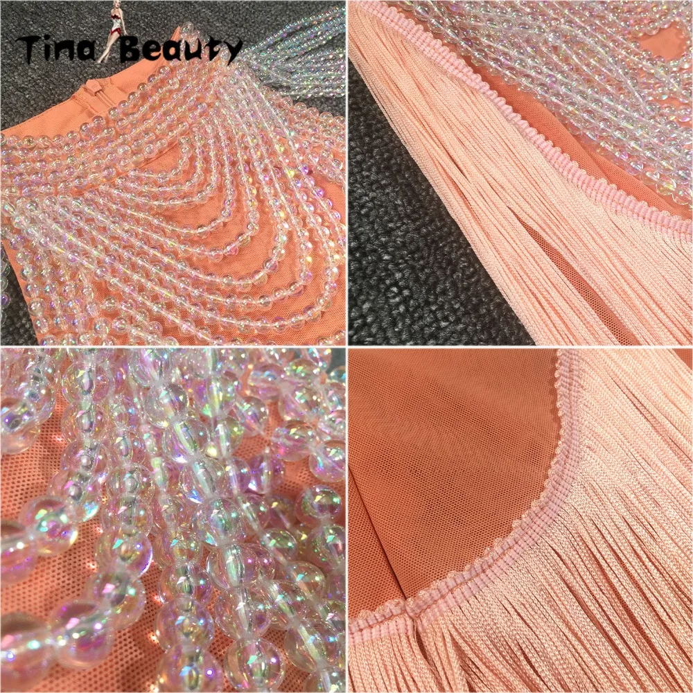 

Tina Beauty Women Pink Midi Dress 2018New Handmade Beading Luxurious Cocktail Formal Dresses Vintage Tassel Dress for Party Prom