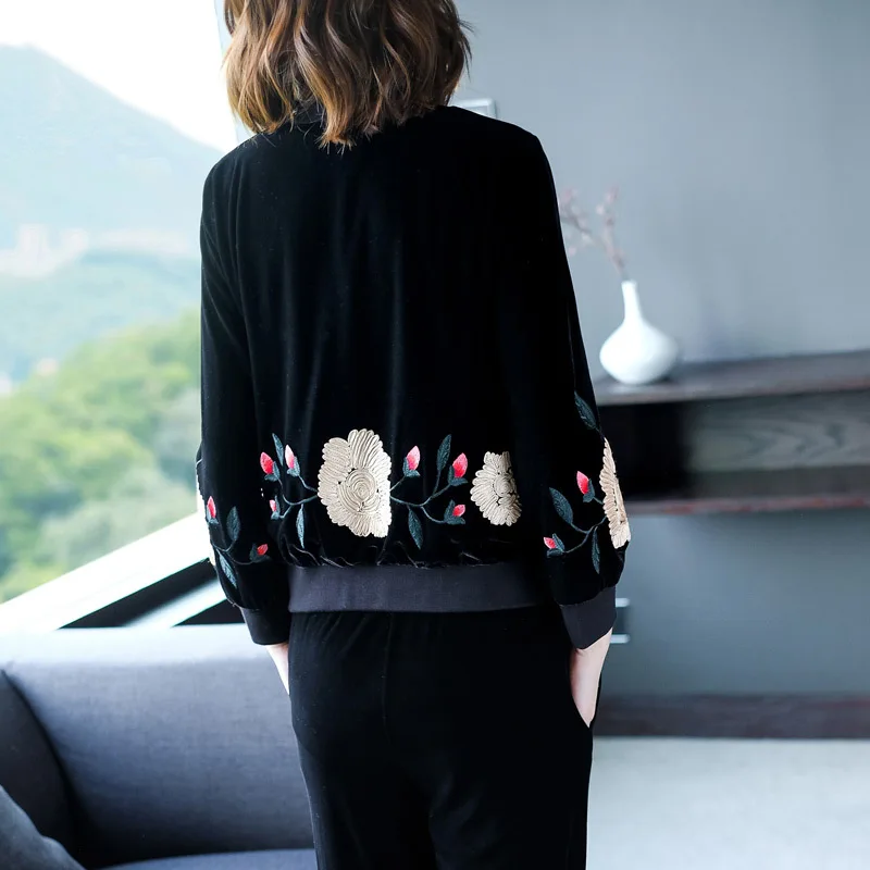 XXXXL!Top Quality New Fashion Tracksuits Women Floral Embroidery Long Sleeve Jacket Coat+Wide Leg Pants Set Casual Velvet Sets