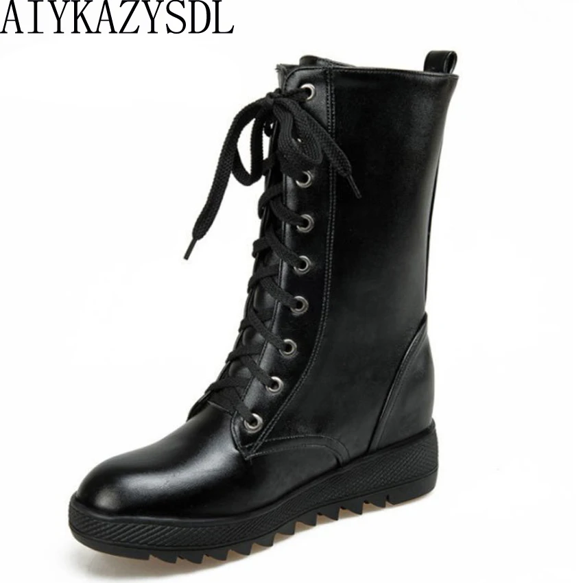 

AIYKAZYSDL Women Mid-calf Boots Lace Up Ridding Knight Boots Warm Plush Snow Boots Platform Wedge Heel Cosplay Shoes Flats 34-43