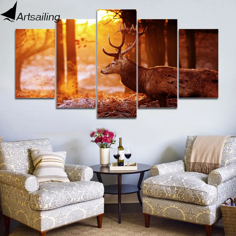 

ArtSailing 5 panel wall art on canvas canvas pictures for living room Forest deer image paintings for living room wall ny-2769