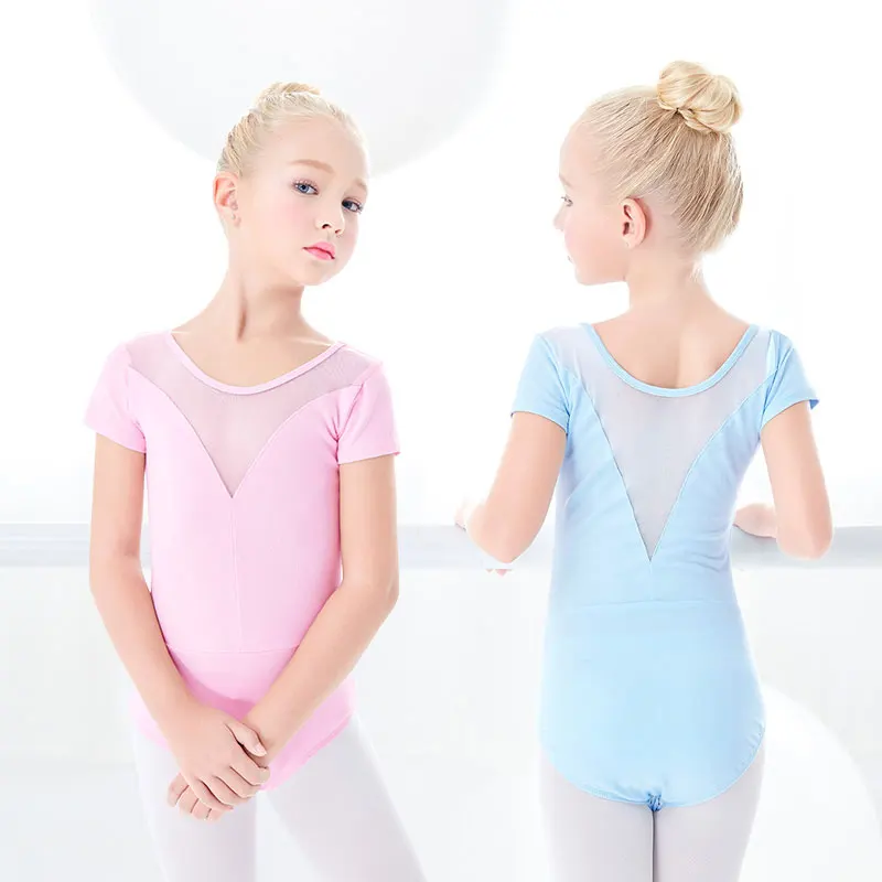 Girls Ballet Gymnastic Dance Bodysuit Leotards Children Camisole Ballet Dance Leotard Kids Mesh Splice Short Sleeve Costumes