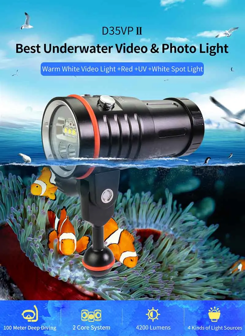 ARCHON W41VP II D35VP II фонарик для дайвинга 4200LM CREE L2 Красный СВЕТОДИОДНЫЙ УФ подводные фонари для дайвинга фотографирование видео точечный свет