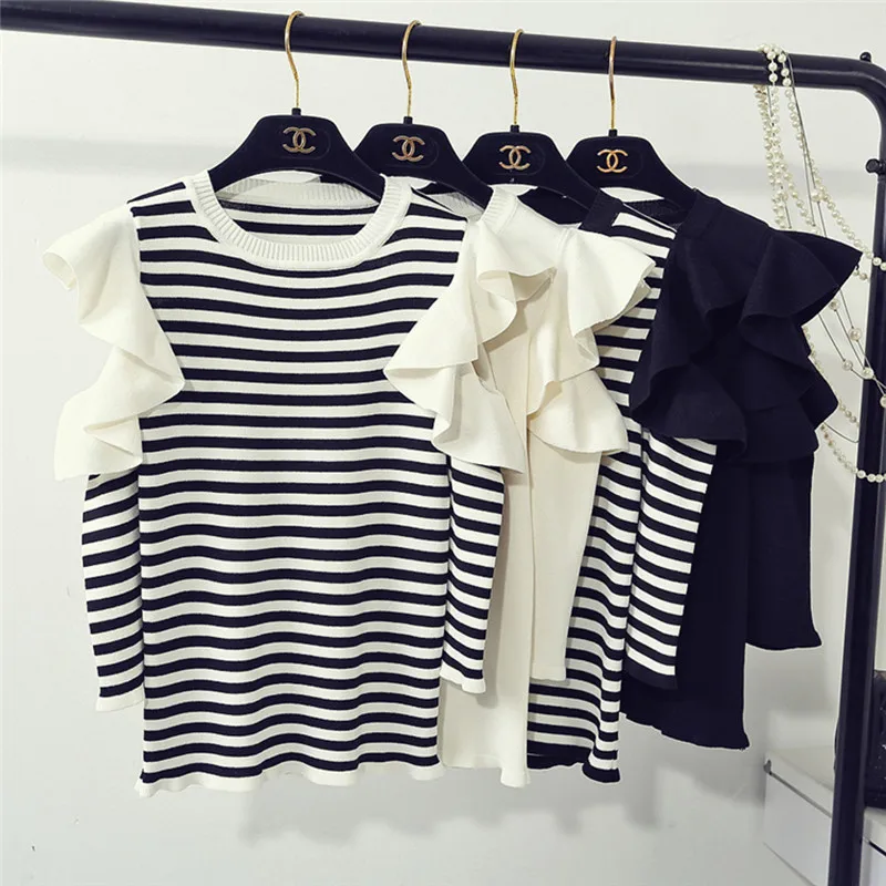 Elegant Woman Knitted Striped Sweater Tops Off Shoulder Long-sleeved Knitting Sweaters Pullover | Женская одежда