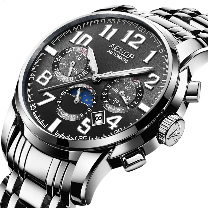 9015 sliver black AESOP автоматические часы для мужчин часы люксовый бренд Мужские часы из нержавеющей стали автоматические механические часы для мужчин Relogio Masculino - Цвет: 9015 sliver black