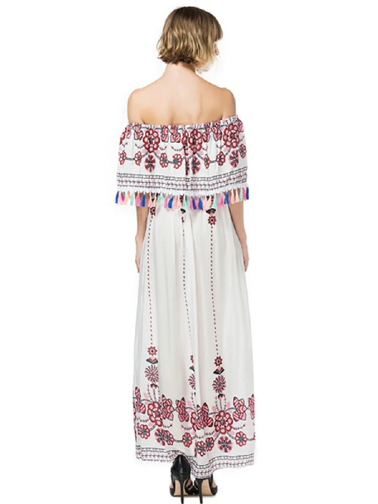 Boho Women Long Dress Elegant Vintage Flower Print Sexy Shift Tie Sleeve Bardot Off Shoulder Casual Party Maxi | Женская одежда