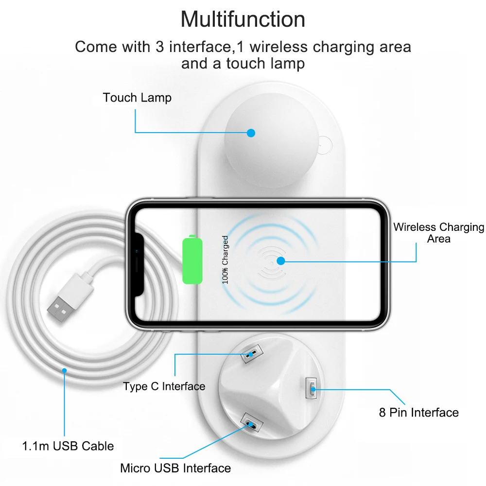 Hadinas Qi Беспроводное зарядное устройство с лампой Micro usb type C док-станция зарядное устройство для iPhone samsung быстрозарядная станция