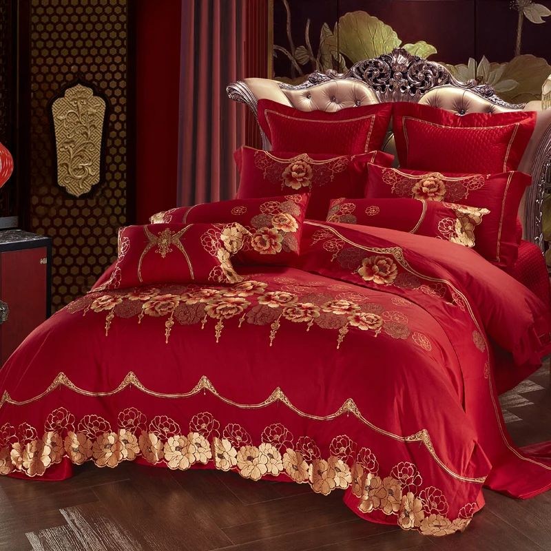 Роскошный красный свадебный комплект постельного белья с цветочной вышивкой в