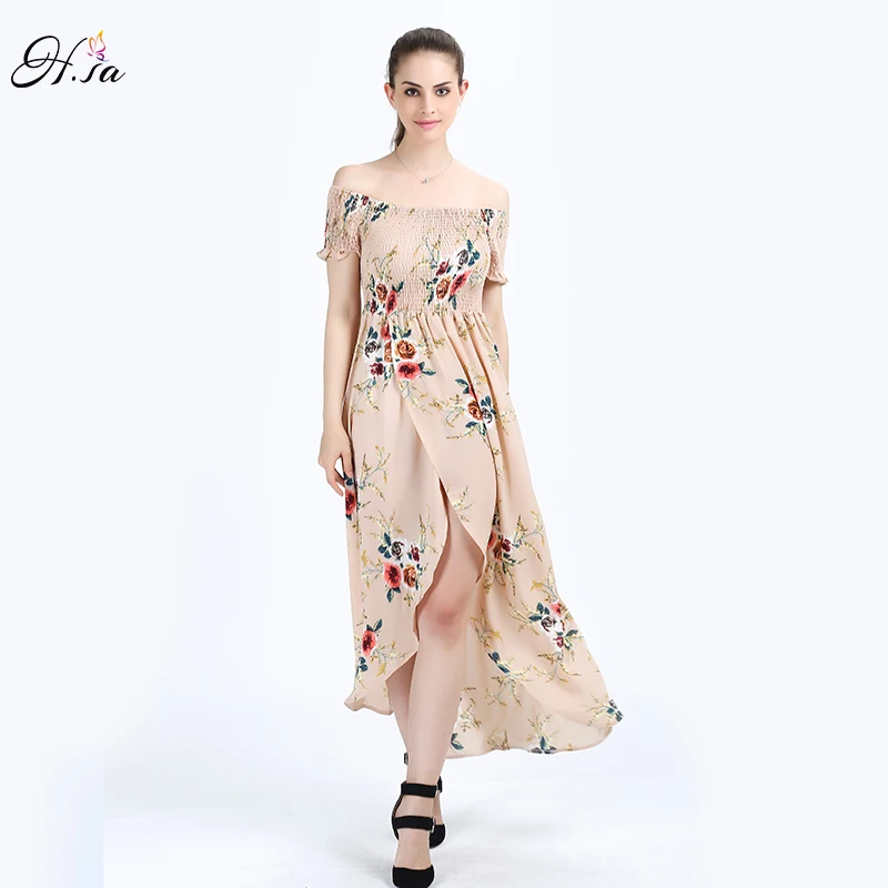 Женское длинное платье H. SA шифоновое пляжное с открытыми плечами и цветочным