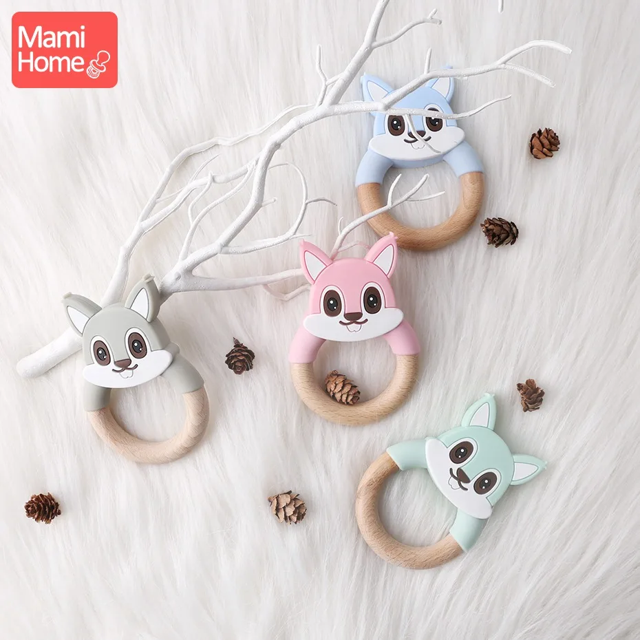 Mamihome Baby Wooden Teether Animal Ring Silicone Rodent Beech Wooden Blank Rabbit Ears baby products Toys Pacifier Pendant Gift