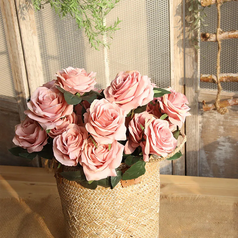 

3pcs 10 Head French Real Touch Silk Roses Bouquet Artificial Flower Bouquet Wedding Car Decoration Home Background